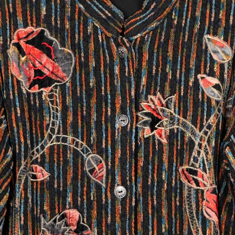 Floral Tapestry Jacket XL Striped Mandarin Collar Applique Boho Lagenlook Black - Picture 4 of 7